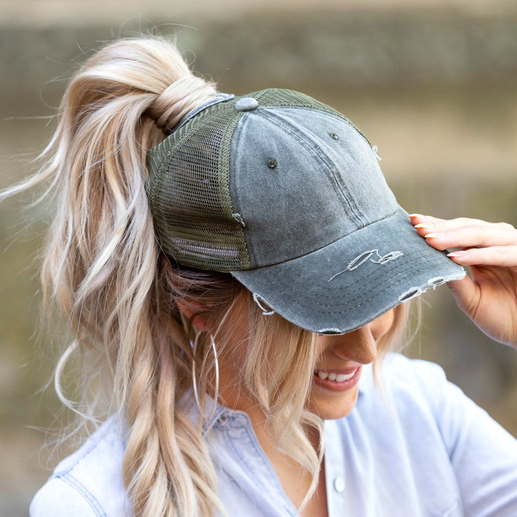 Mint Distressed Messy Bun Hat Cap 1