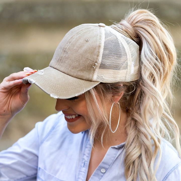 Grey Distressed Messy Bun Hat Cap 1
